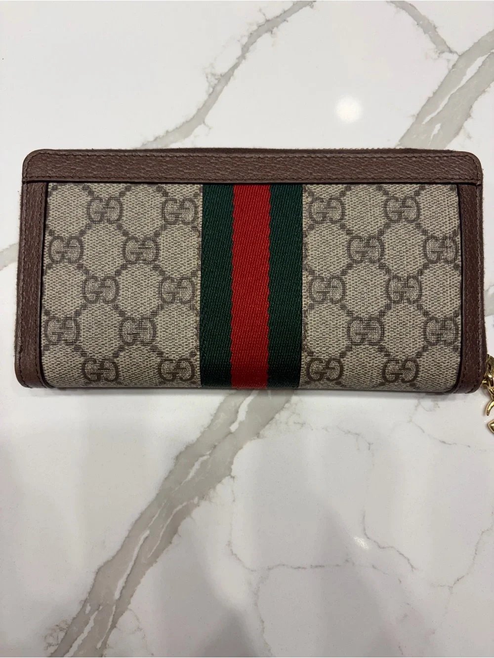 Gucci Ophidia GG Supreme Zip Around Wallet with Web Stripe & Gold Hardware